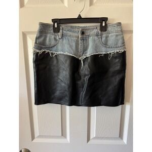 Barbie Chill‎ Mini Skirt Women Large Blue Black Denim Faux Leather Mixed Media